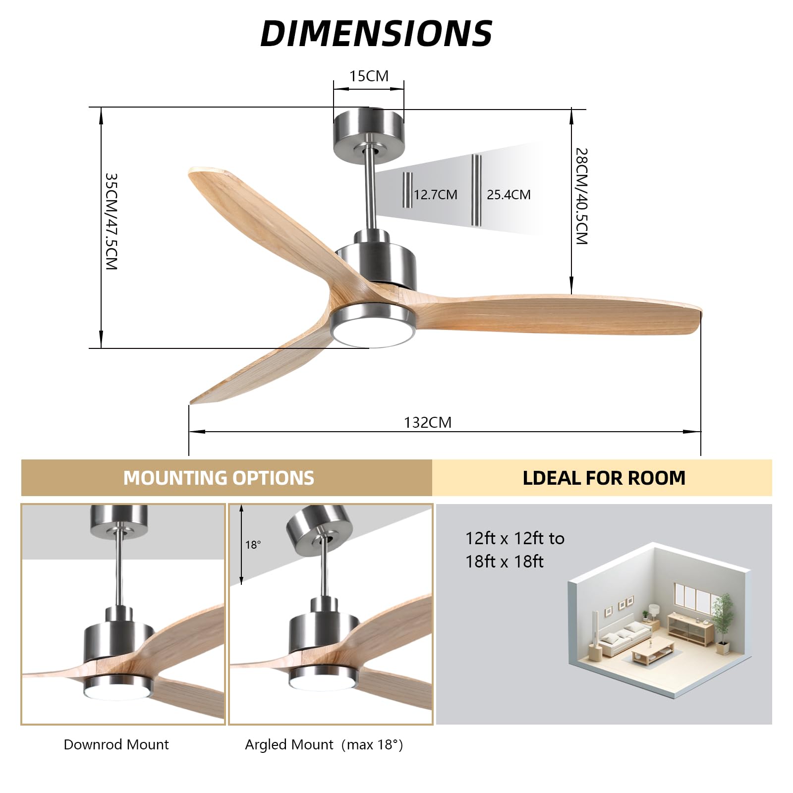 OFANTOP 132cm Ventilatore a soffitto moderno in legno con illuminazione | elecomando, motore a corrente continua silenzioso e commutabile per camera da letto, soggiorno e garage, legno naturale