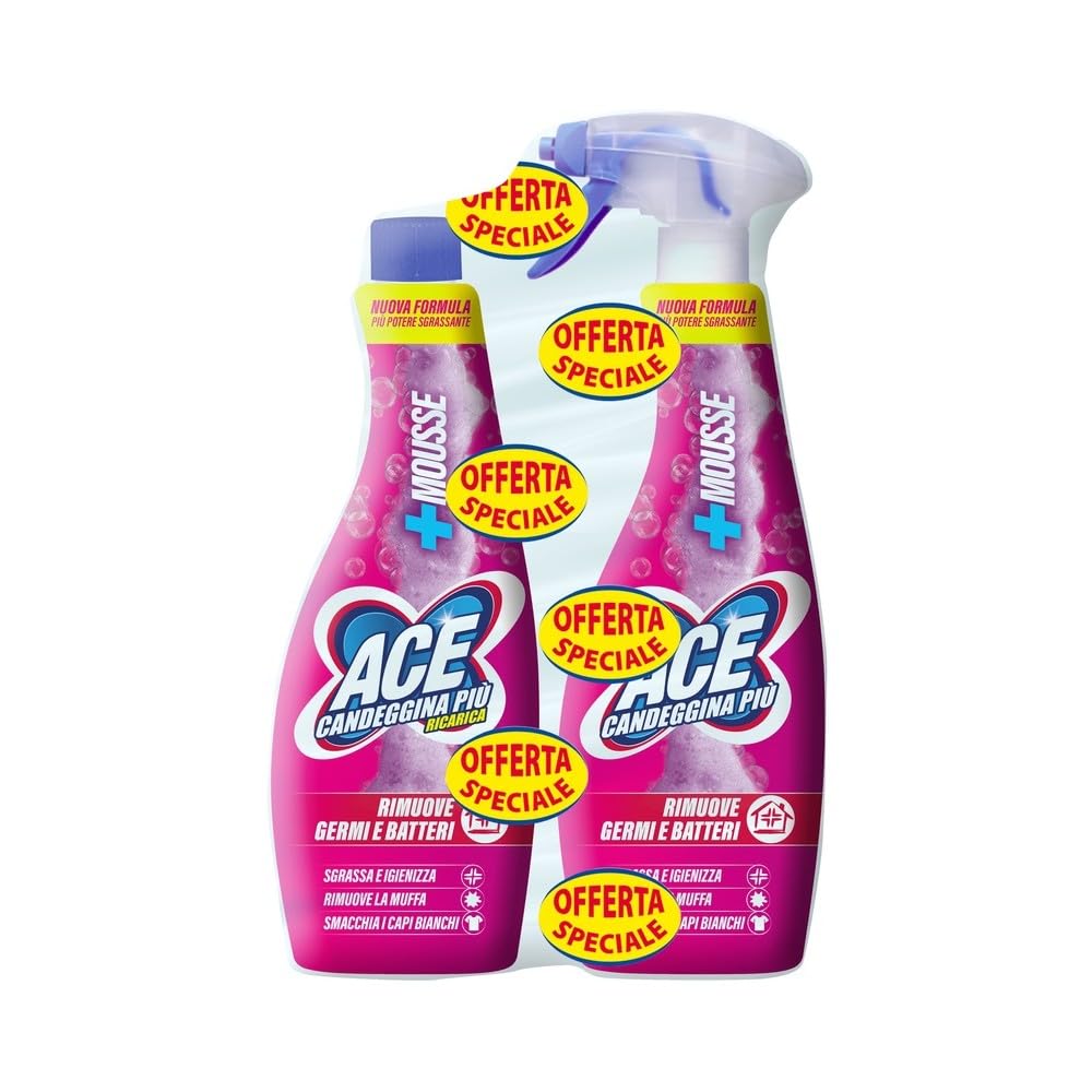 6x ACE Candeggina Spray Mousse 650ml + Ricarica 650ml -Confezione da 2x650ml + Portachiavi Beni Culinari in Omaggio
