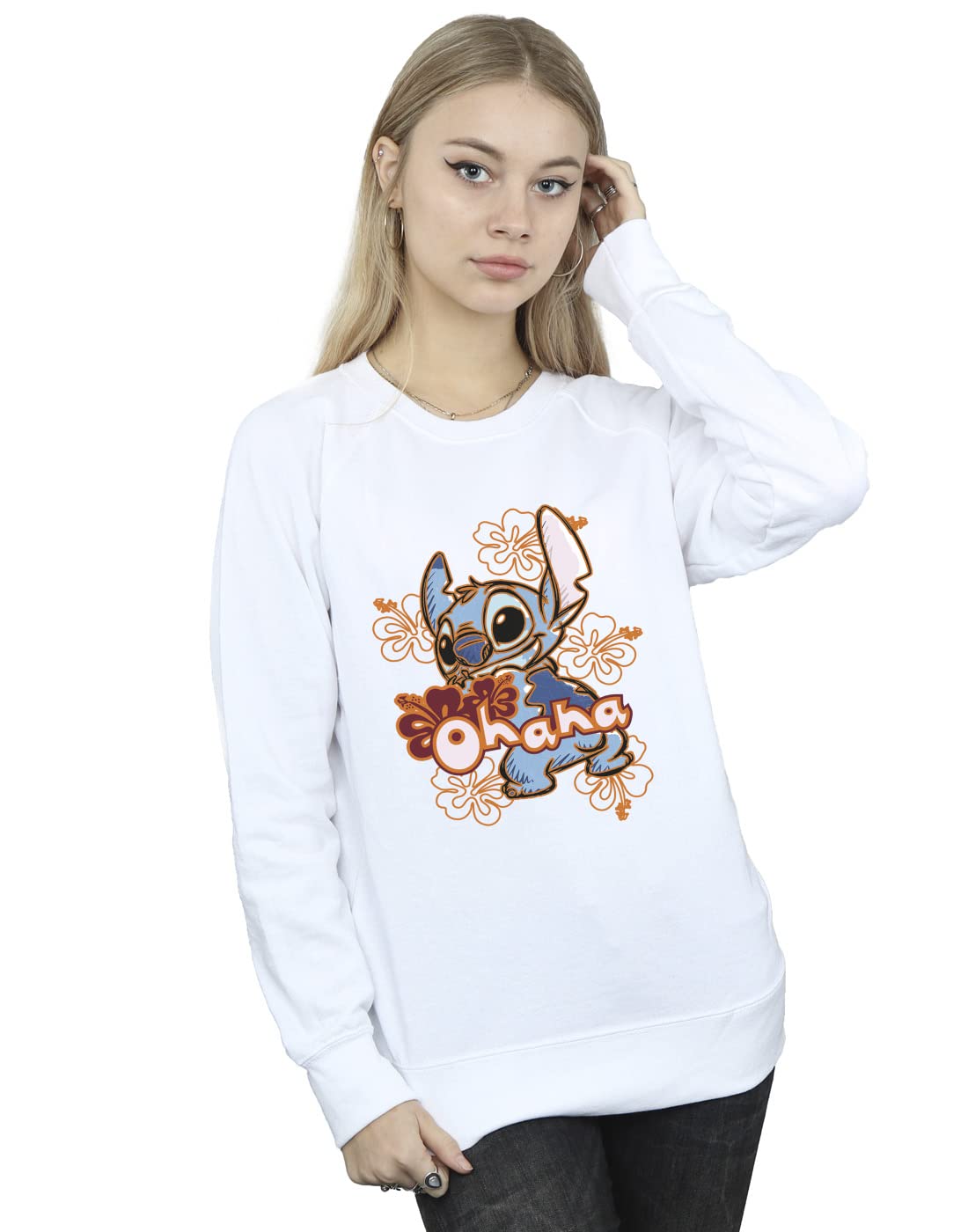 Disney Women's Lilo And Stitch Ohana Orange Hibiscus Sweatshirt White Small