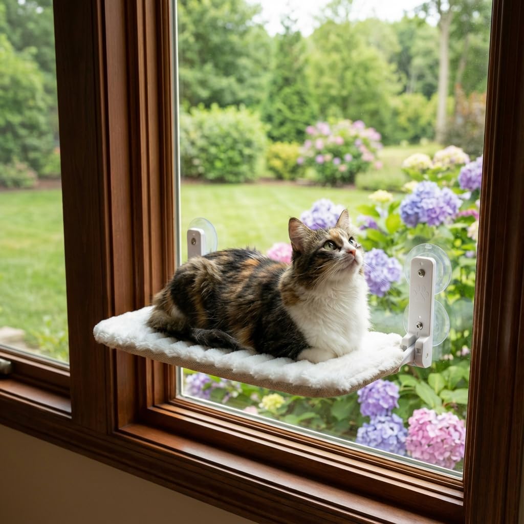 Smttzion Cat Window Perch for Large Cats, Heavy Duty Cat Hammock Window Seat with Strong Suction Cups, Space Saving & Easy Clean Resting Bed for Indoor Cats