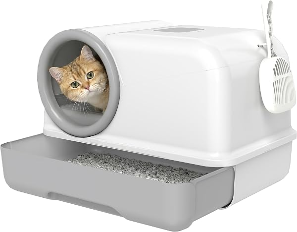 PawHut Cat Litter Tray with Lid, Cat Toilet with Tray with Scoop and Deodorant Bags, Easy to Clean, White and Grey - 1