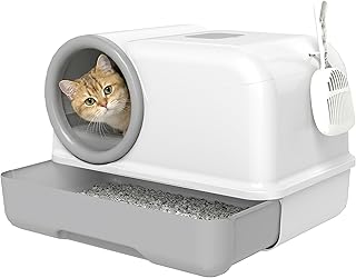 PawHut Katzentoilette mit Deckel ausziehbares Tablett Katzenklo mit Haube und Schaufel mit 2 Aktivkohlefiltern Katzentoilette für Katzen bis 5 kg 59 x 39,5 x 39,5 cm Weiß+Grau