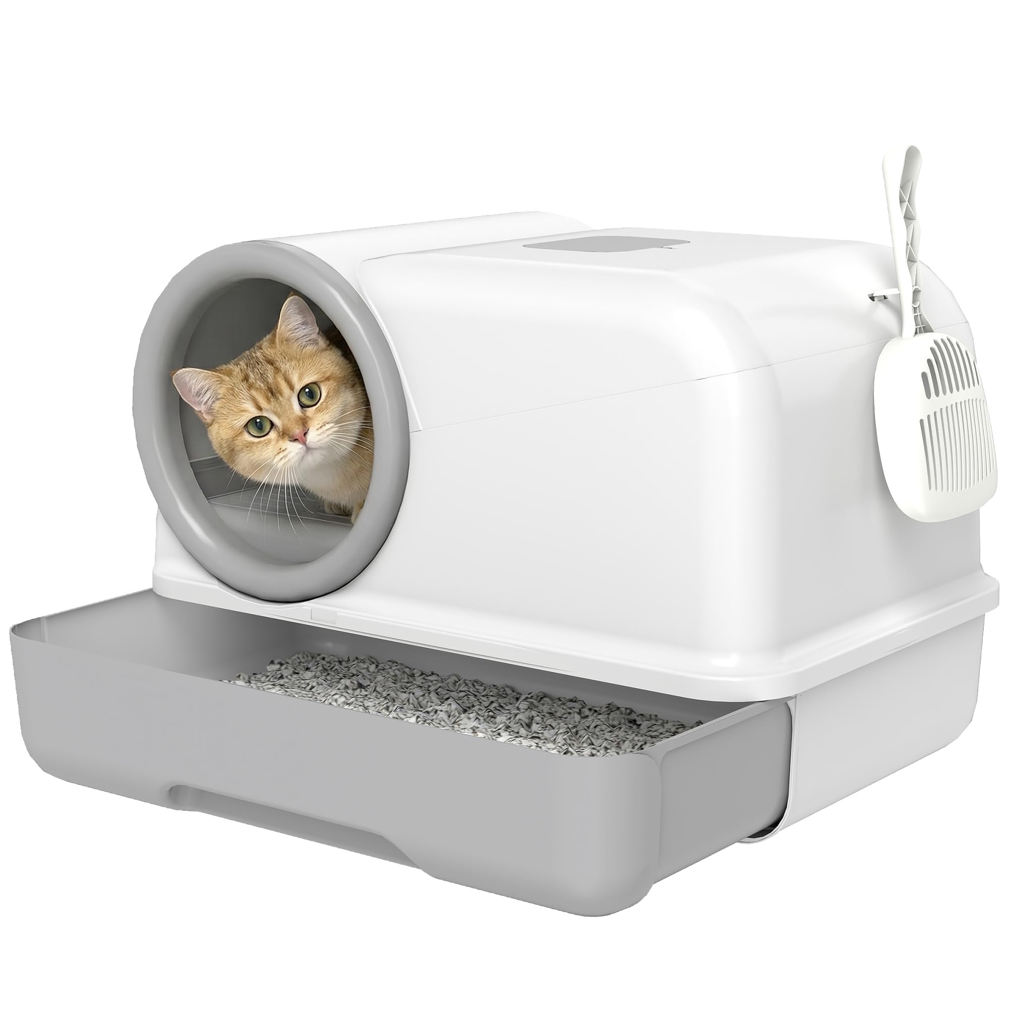 PawHut Lettiera per Gatti con Coperchio, Facile da Pulire, Bianco e Grigio | Toilette per Gatti, Vassoio con Paletta, Sacchetti Deodoranti