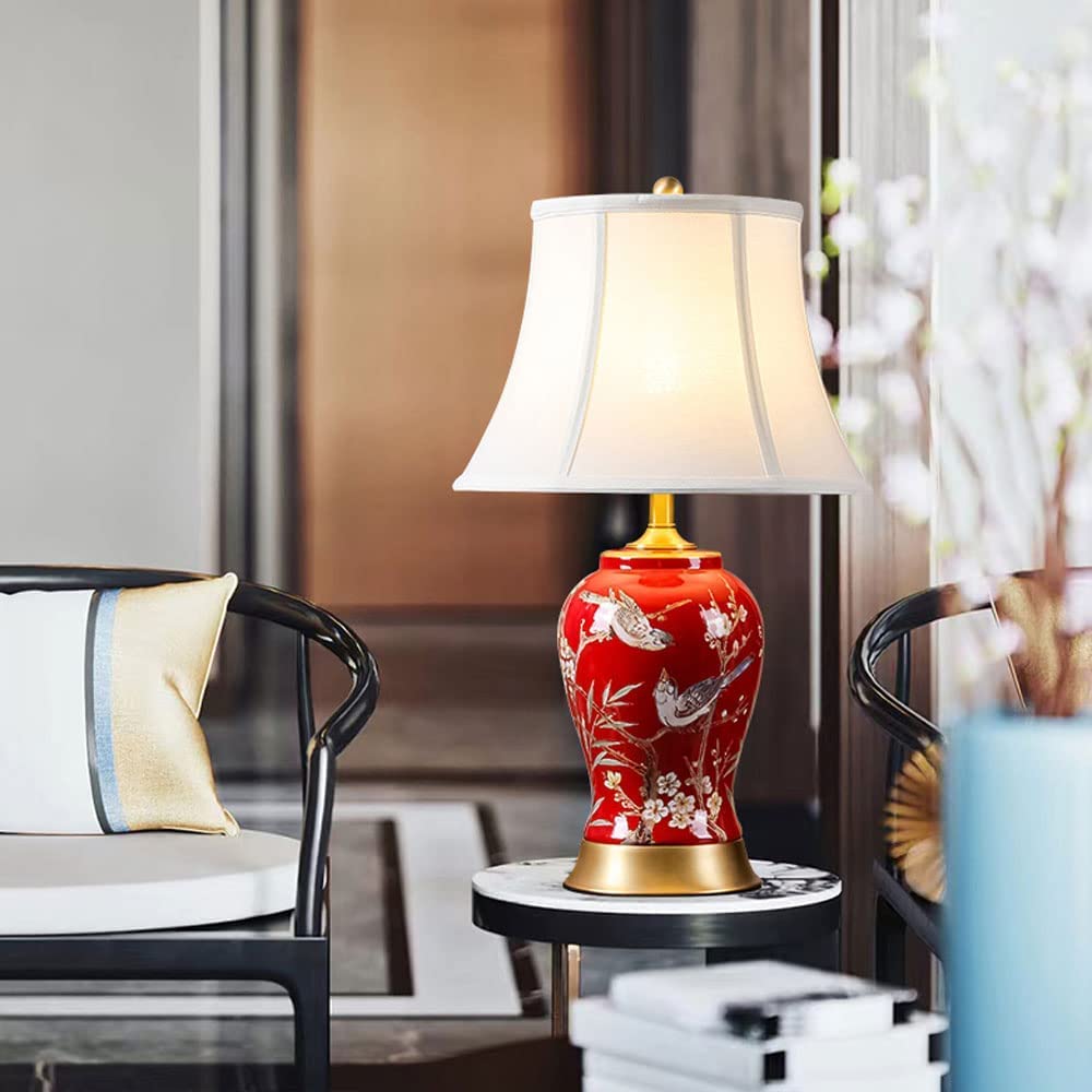 Lampa Stołowa Chińska Ceramiczna Lampa Stołowa Ręcznie Malowana Kwiat I Ptak Przeszklona Lampka Nocna Czerwona Do Sypialni Salon Do Domowego(Remote control switch)