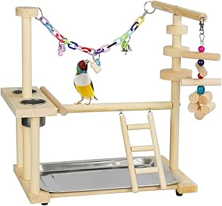 Mofish Large Bird Playstand Parrots Pet Parrot Playground Bird Play Stand Wood Perch Gym Playpen Ladder with Feeder Cups Bells for Cockatiel Parakeet (Small)