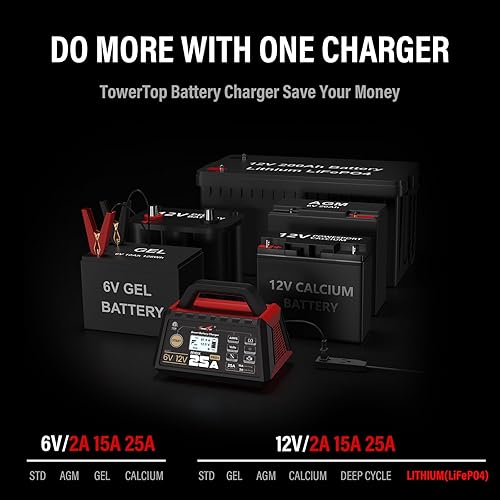 Miniatura 7 de TowerTop Cargador de batería 25A Pro+, cargador de batería de automóvil de 6 V12 V, mantenedor de batería inteligente totalmente automático con