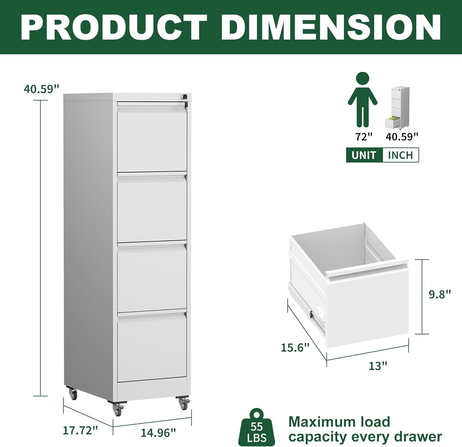 4 Drawer Rolling File Cabinet with Lock for Home Office, Metal Vertical Filing Cabinet Organizer on Wheels with Hanging Rods for Legal/Letter/A4/F4 Files, White