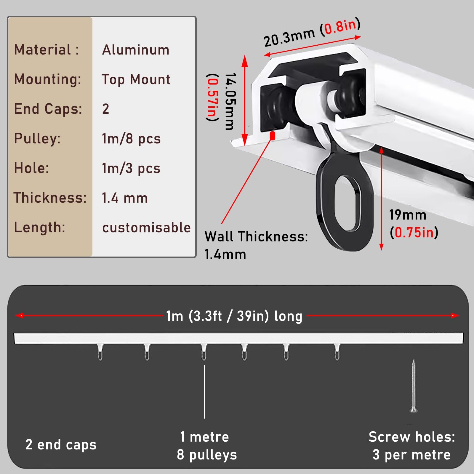 7.1mm Ultra-thin Curtain Track, Invisible Inner Casement Floating Window Curtain Rod, Aluminum Alloy U-shaped Mute Curtain Rail, Load-bearing 20kg, 1-4.0m(White,1.9m
