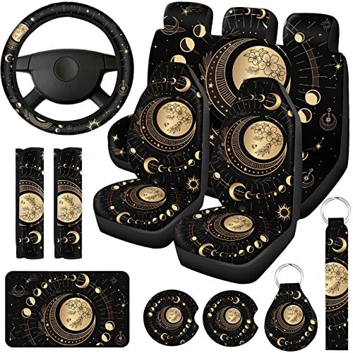 Riakrum 15 Pcs Sun and Moon Car Seat Cover Full Set Car Front Seat Steering Wheel Headrest Covers Cup Holder Belt Pads Keyring Armrest Pad Wrist Strap for Men Women Auto Truck Van SUV