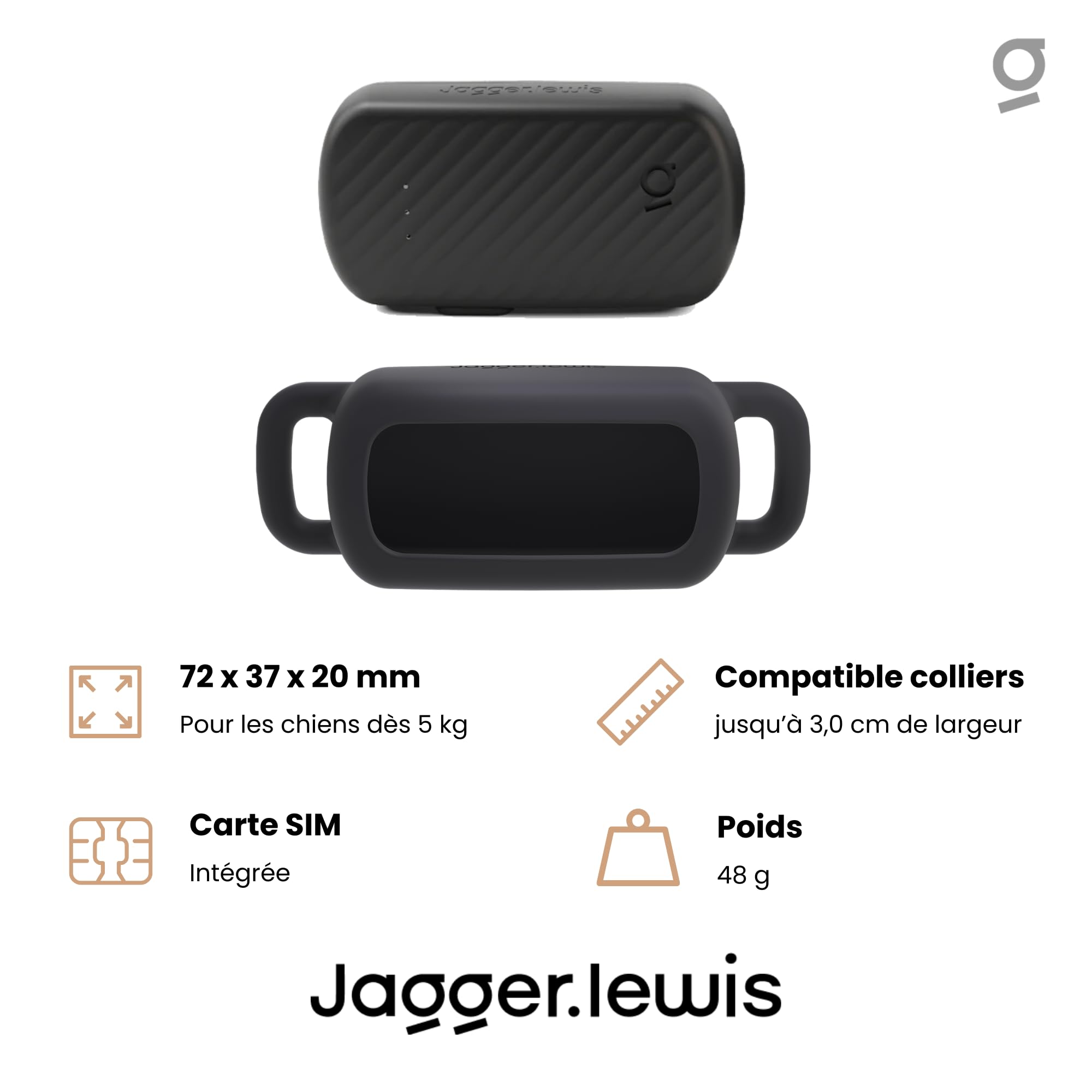 Jagger Lewis GPS pour Chien sans Abonnement | Localisation GPS en Direct | Alertes Anti-Fugue | Suivi Activité et Bien-Être | Application iOS et Android (Charbon, avec Smartdock)