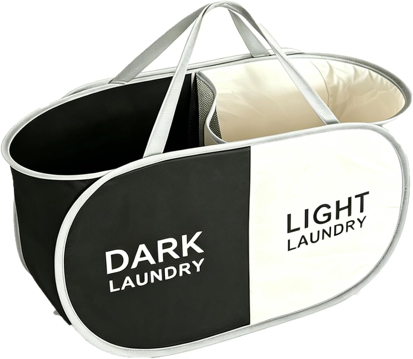 Foldable Pop Up Laundry Hamper, 2 Section Laundry Basket, Dirty Clothes Hampers Sorter Basket for Laundry, Cruise, Bedroom, College Dorms (Black Beige)