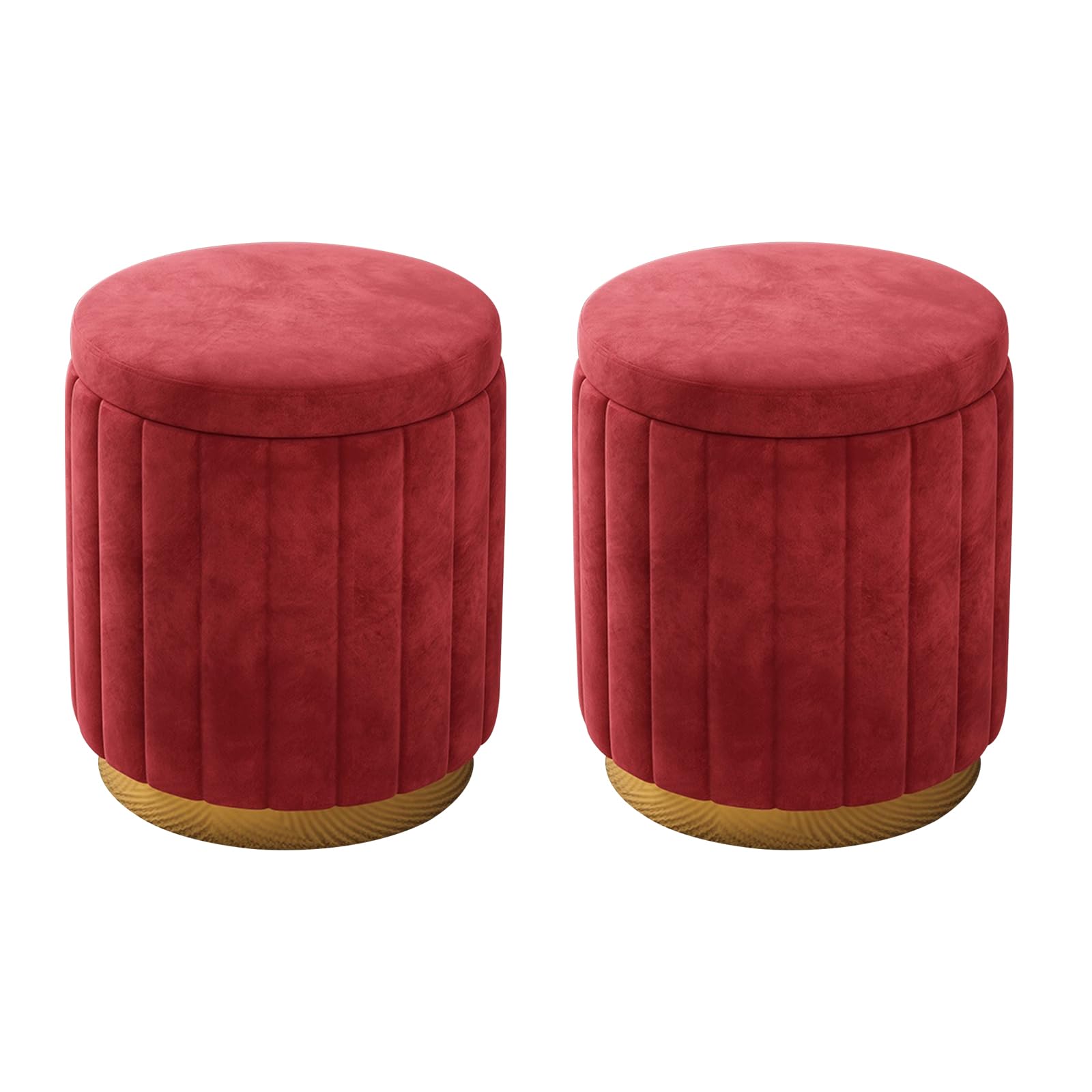 Pouf rotondo con contenitore, set di 2 sgabelli imbottiti in velluto con base in metallo, sgabelli moderni per camera da letto, soggiorno, mobili per la casa (set da 2, rosso)