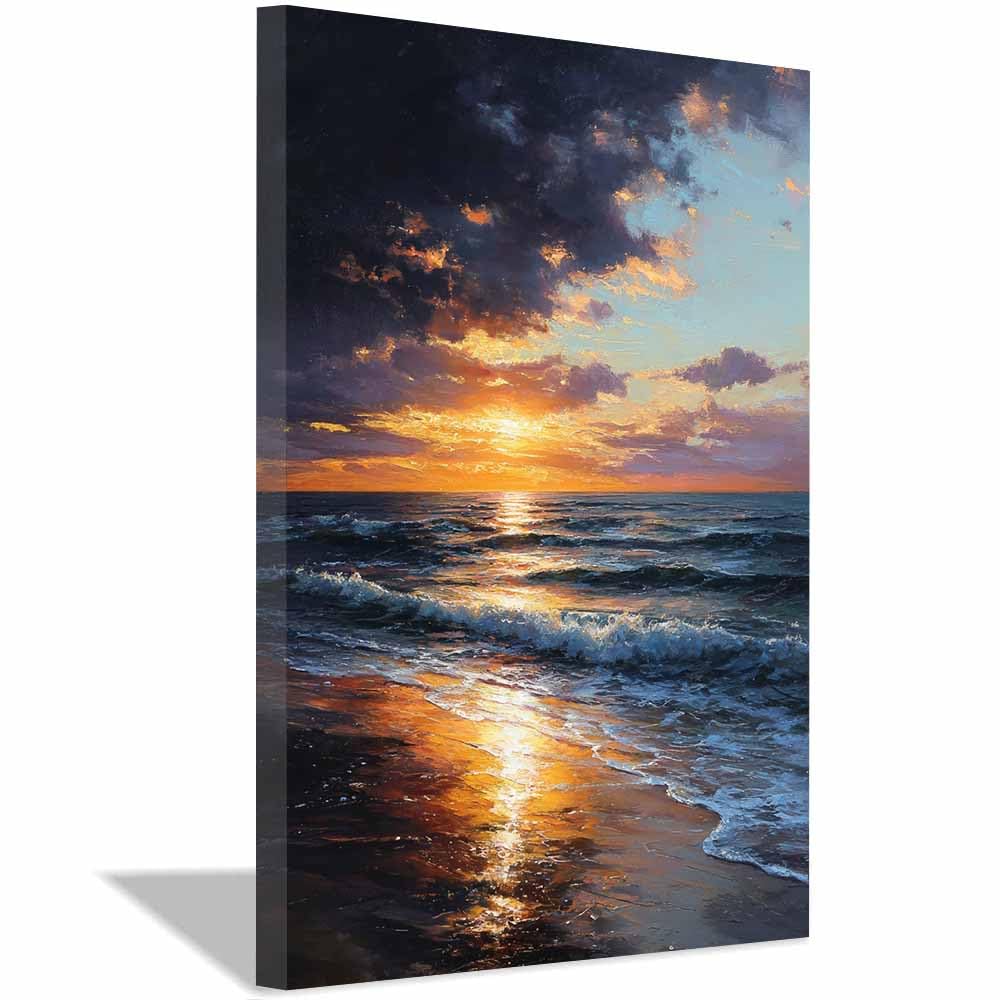 HOQIU Natural scenery wall art Dramatic Ocean Sunset decorative painting, wall art, for Living Room Bathroom Bedroom Kitchen Decoration.(Multicolor)-60x80cm Framed