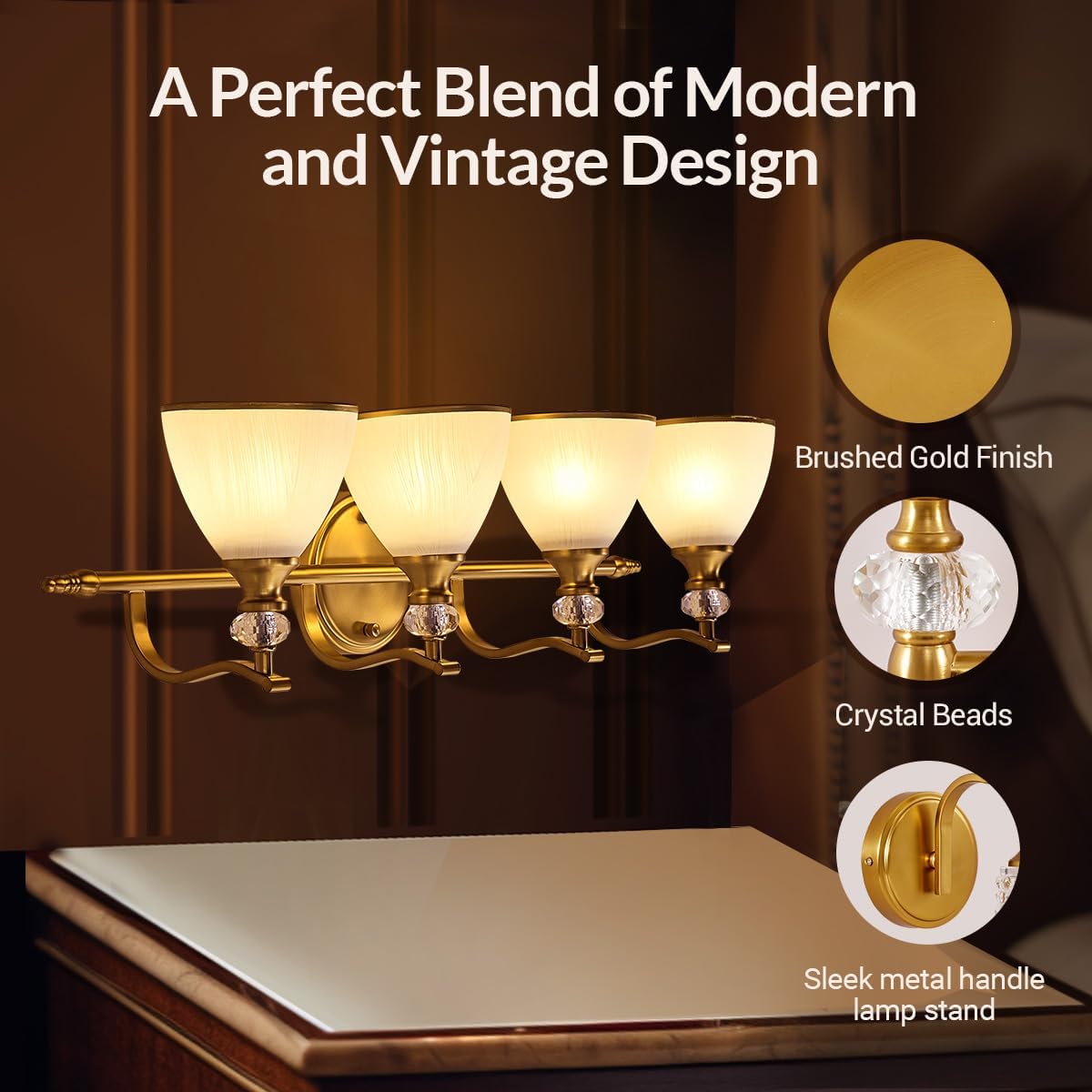 ANDY STAR Brushed Gold Vanity Light, 4-Light Bathroom Light Fixtures, Vintage Wall Lamp with Bell Shaped Frosted Lampshade, 27.8 Inch Bathroom Lighting Fixtures Over Mirror, (Bulbs Not Included)