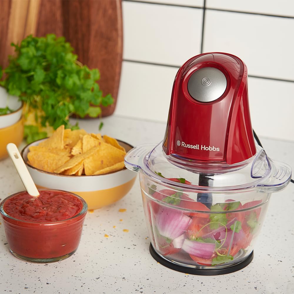 Russell Hobbs Picadora Eléctrica Mini Desire Red (Cuenco de vidrio de 500 ml, Cuchillas Inox de 2 puntas, 350 W Max, Botón One-Touch, Para frutas, verduras y carne) 27132-56