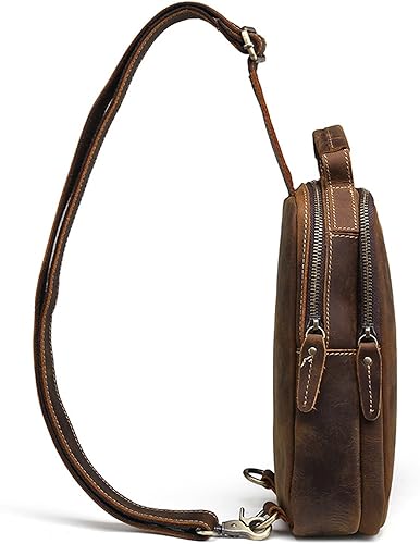 Miniatura 4 de KPYWZER Mochila cruzada de cuero genuino para hombre, bolsa de pecho, senderismo, viajes, mochila, #61Marrón Profundo, Vintage