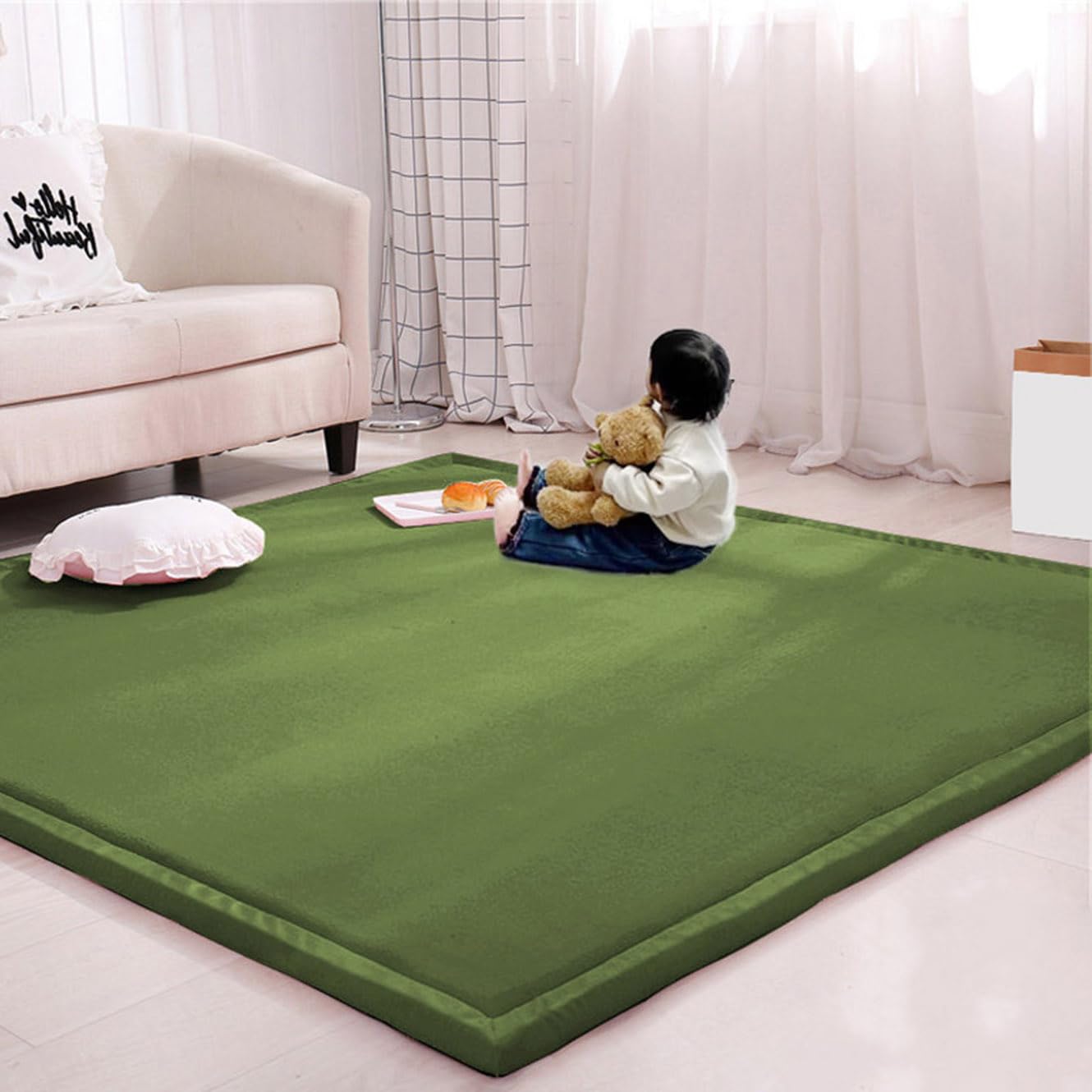Rr tianshi Large Area Rug Crawling Play Mat,Soft Coral Velvet Children Study Carpet Play Mat Non-slip Tatami Yoga Mat for Living Room Bedroom (120 * 200cm,Dark green)