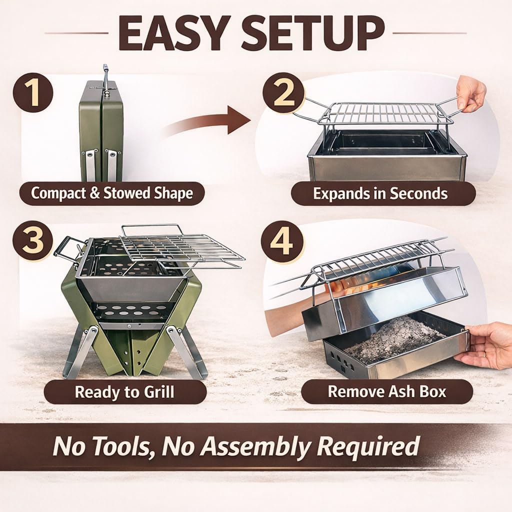 HKFALDRR Portable Folding Charcoal Grill with Adjustable Rack, Stainless Steel Mini BBQ, Lightweight for Camping, Hiking, Outdoor Cooking, Tabletop Picnics