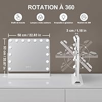 GlamView Sminktükör 58x53 cm - Hollywood Tükör 15 LED-del, 360° Forgatható, 3 Fényszín, Állítható Fényerő, USB és USB-C Csatlakozó, Érintésv 4