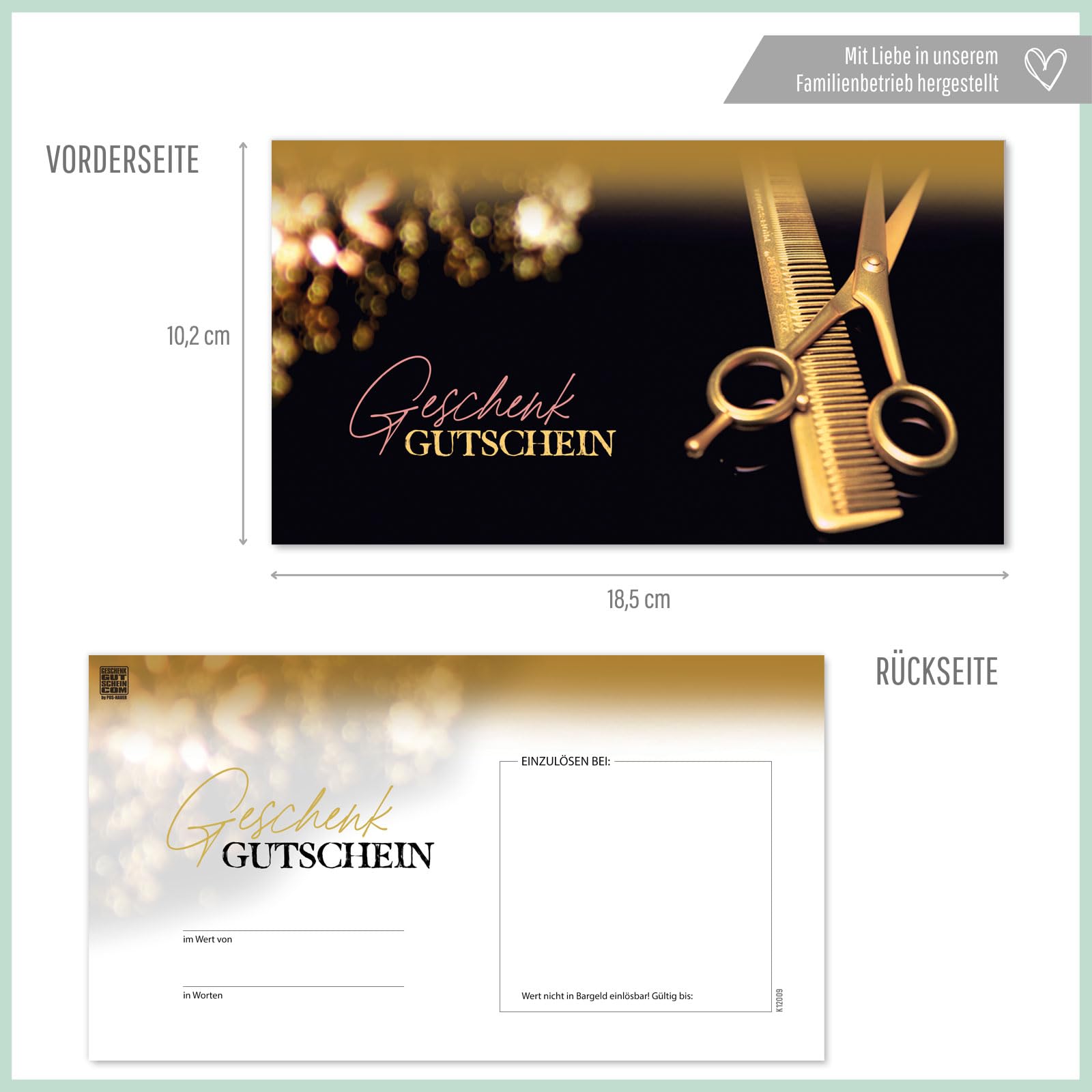 GESCHENKGUTSCHEINcom - 100 Blanko Gutscheine - Formular mit Vordruck für Friseure Friseursalons Coiffeure Firmen K12009-100-V1