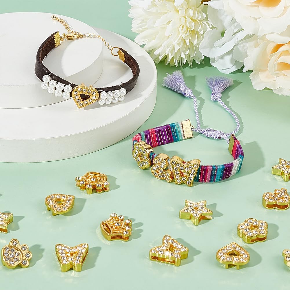 SUNNYCLUE 1 Box 42Pcs Gold Slide Charms Bulk Alloy Slider Charm Rhinestone Star Heart Butterfly Flower Paw Symbol Crown Slide Charm Spacer Beads for Bracelets Necklace Wristbands Jewelry Making Crafts - Image 4