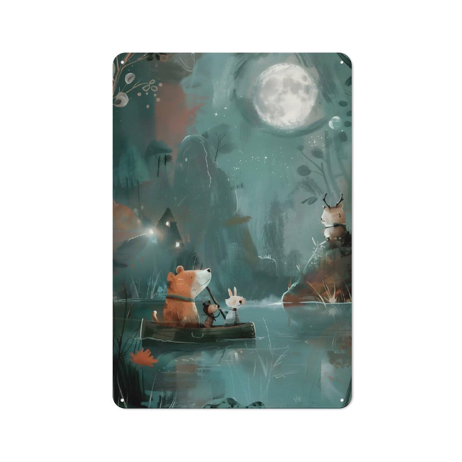 Junmoney Moonlit Journey – Magical Animal Boat Ride Retro-Style Metal Plaque 30X20cm For Garage Or Workshop, For Garage, Workshop And Man Cave Decoration