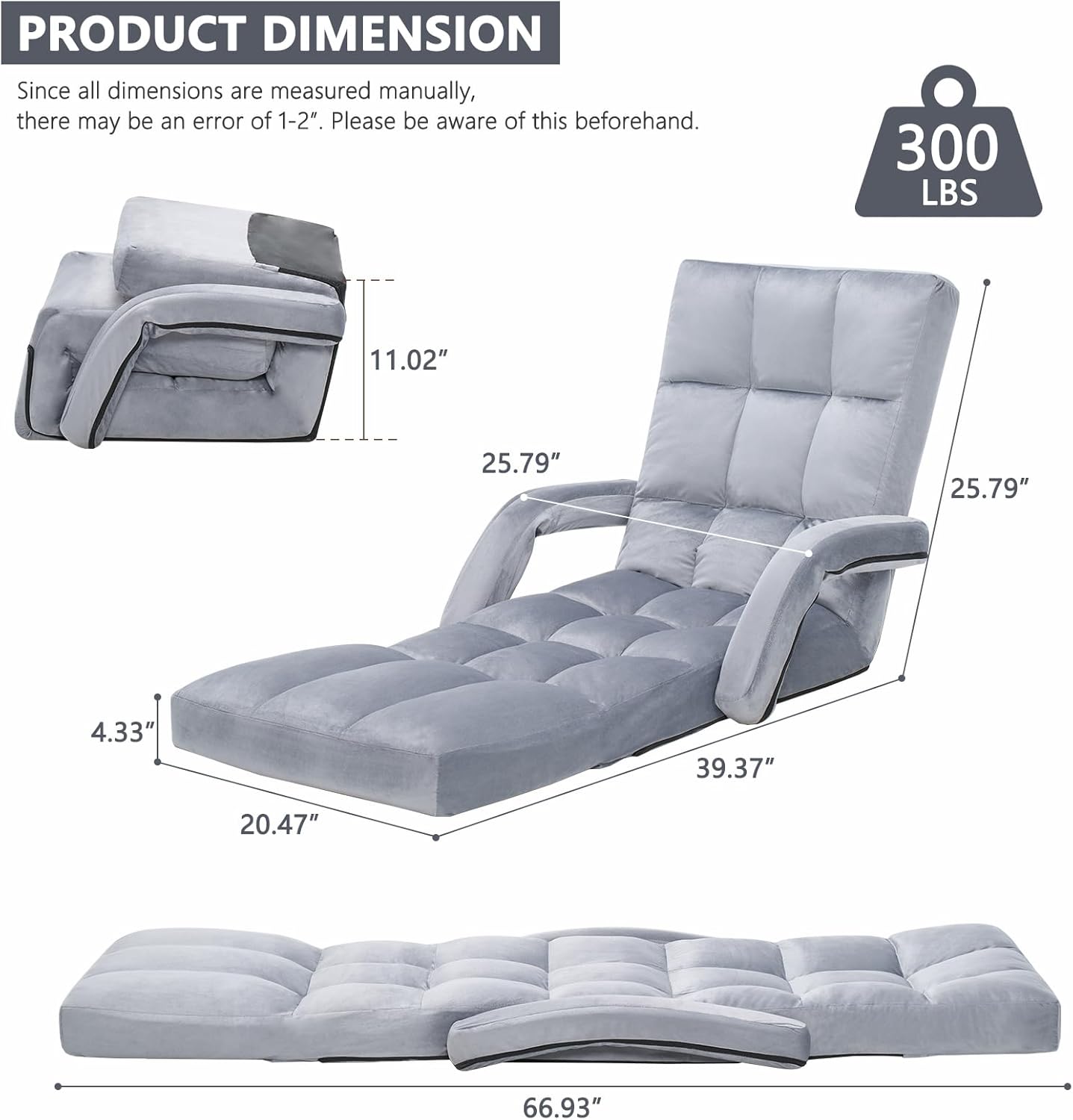 Folding Floor Chair with Back Support, Velvet Adjustable Floor Gaming Chair with 14-Positions, Indoor Chaise Lounge Sofa with Armrest for Living Room, Bedroom, Balcony, Grey