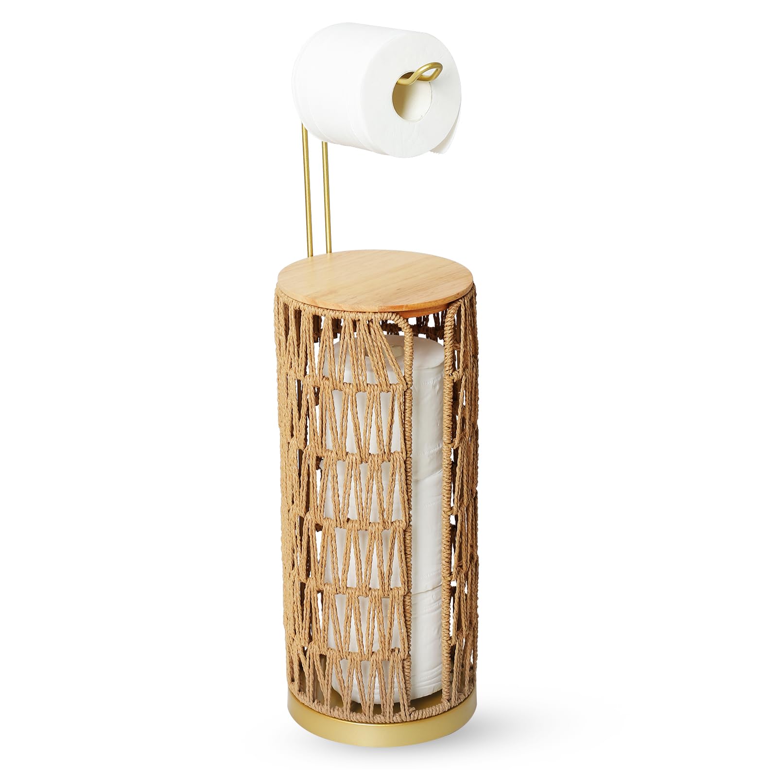 Free Standing Toilet Roll Holder with Shelf, Bathroom Toilet Paper Holder, Woven Rattan Toilet Tissue Holder, Gold Toilet Roll Stand Storage Dispenser Holds 4 Paper Rolls, Boho Bathroom Accessories