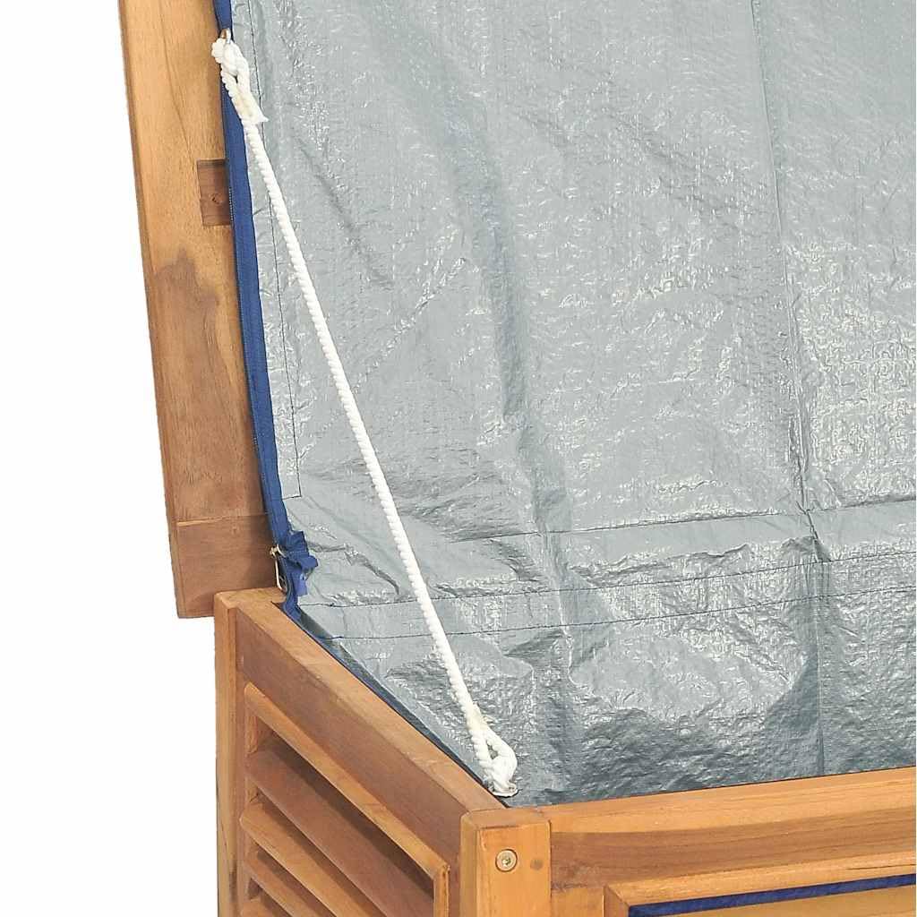 Schowek ogrodowy z litego drewna tekowego, 150 x 50 x 55 cm, z wszytą torbą PE, zewnętrzna skrzynia narzędziowa do ogrodu, duża przestrzeń do przechowywania koców i akcesoriów