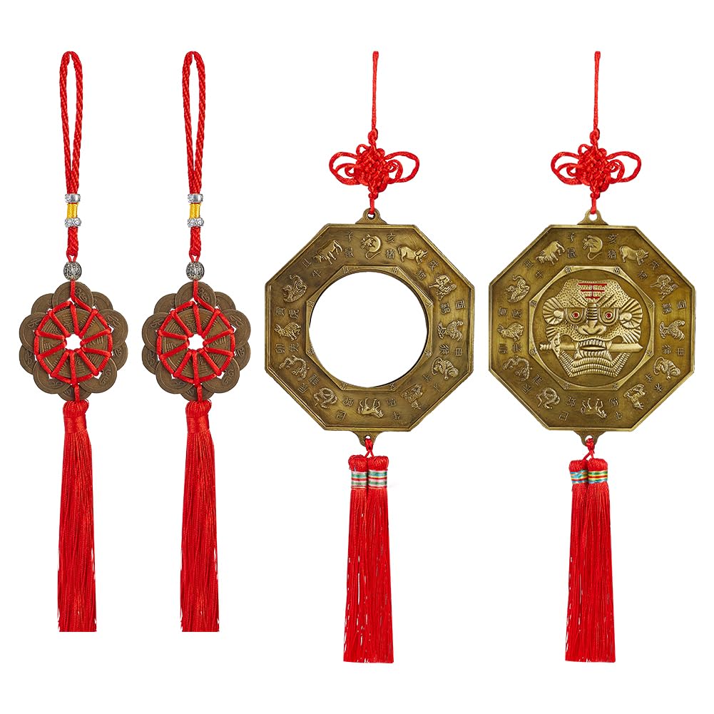 PLIGREAT 4 Pcs Bagua Mirror Feng Shui Ornaments with Tassel Chinese Feng Shui Ancient Coins Red Knot Hanging Pendant Wealth and Lucky Charm for Gifts Home Protection Door Car Hanging Decor