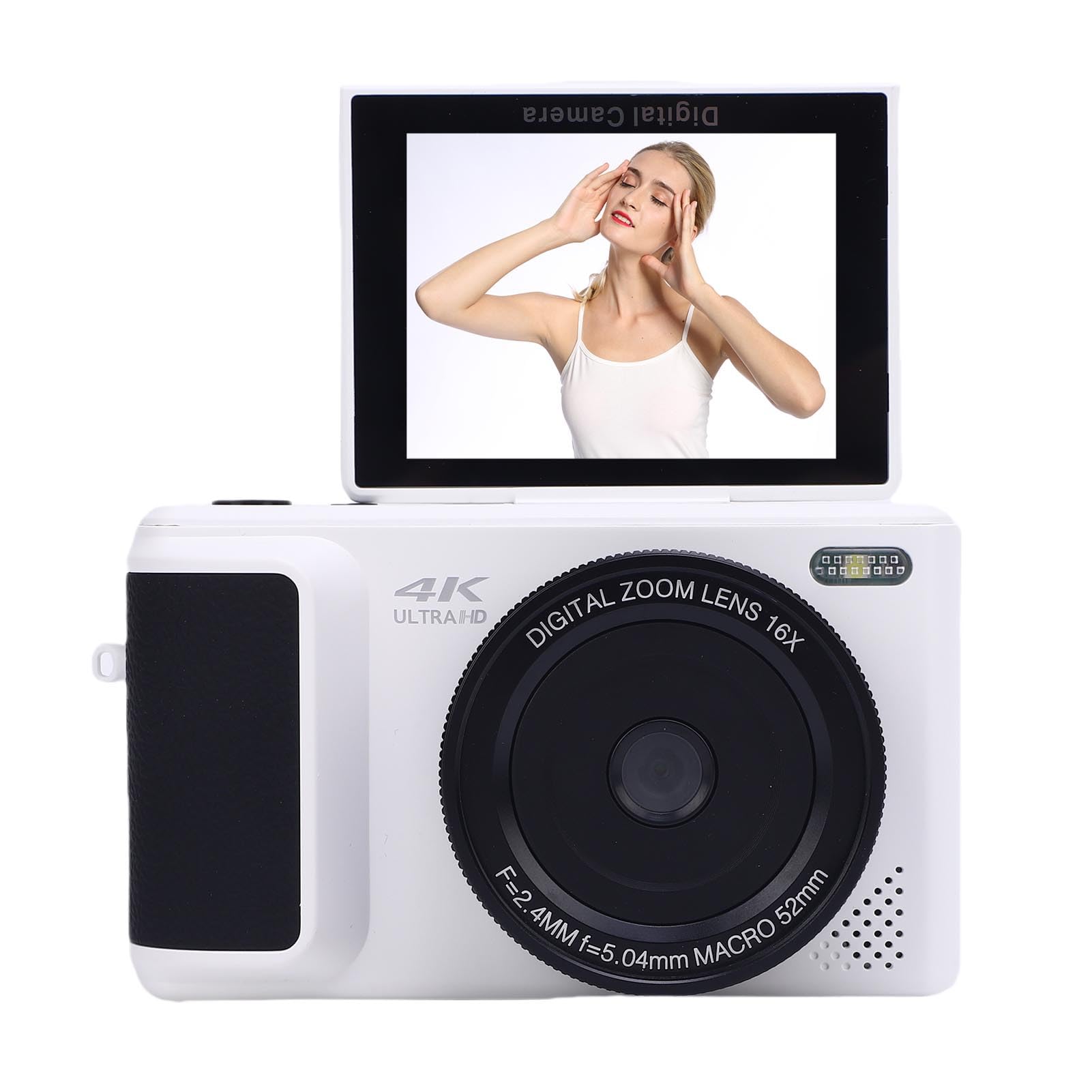 Camera Digitale Mirrorless 4K per Fotografia e Vlogging con Autofocus HD a 64 MP, Zoom 16x, Schermo di Lancio a 180 °, Telecamera da Viaggio Compatta con Stabilizzazione AI (WHITE)