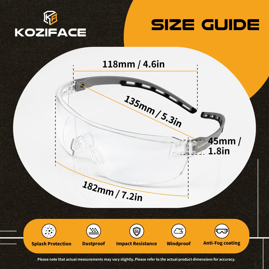 KOZIFACE A18 Occhiali di sicurezza per uomini e donne leggeri grigio nero montatura flessibile regolabile elegante occhiali protettivi anti appannamento per lavoro, tiro, lenti trasparenti