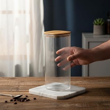Deconox 10x25 cm Bambu Kapaklı Kare Cam Saklama Kavanozu - Vakumlu Dev Boy Şeffaf Erzak Kabı Spagetti Makarna Bakliyat Kutusu ve Kiler Düzenleyici Organizatör
