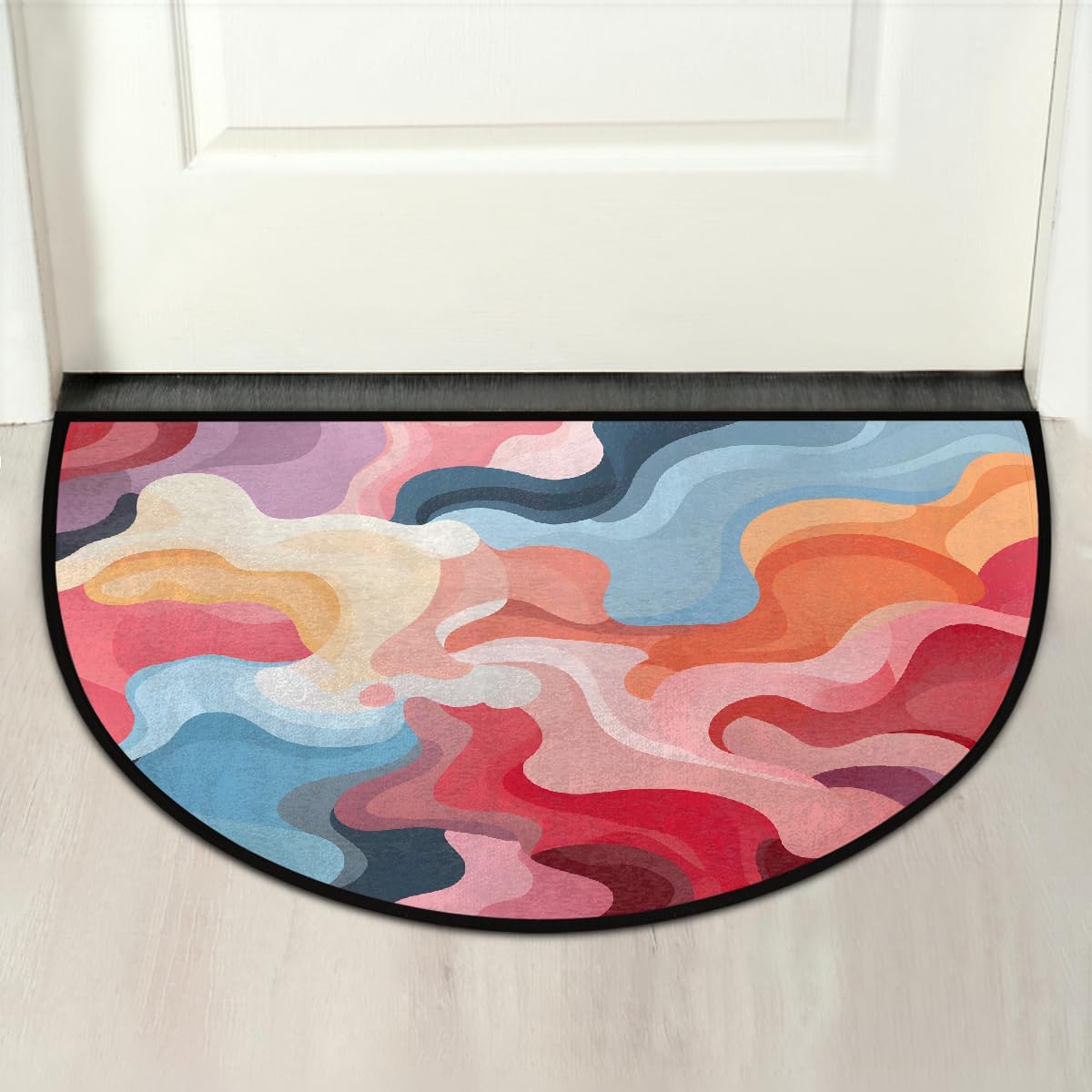 Half Round Door Mat Abstract Colorful Camo Half Moon Rug Washable Half Circle Area Rugs Indoor Entrance Non Slip Semi Circle Bathroom Rugs Floor Carpet for Kithen Bedroom Fireplace Decor