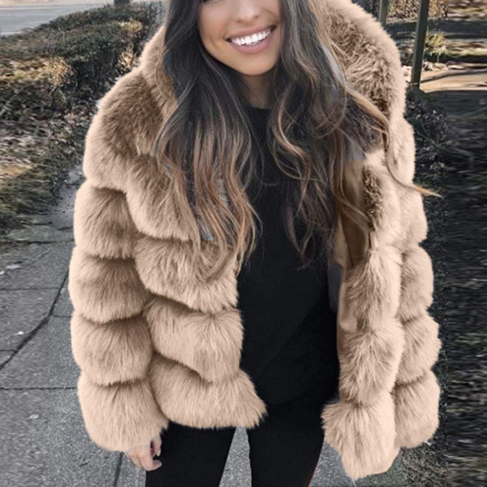Generisch Veste en fourrure synthétique pour femme - Manteau d'hiver long en fourrure synthétique - Manteau de transition élégant - Longue veste de transition - Avec capuche - Hiver chaud - Fausse