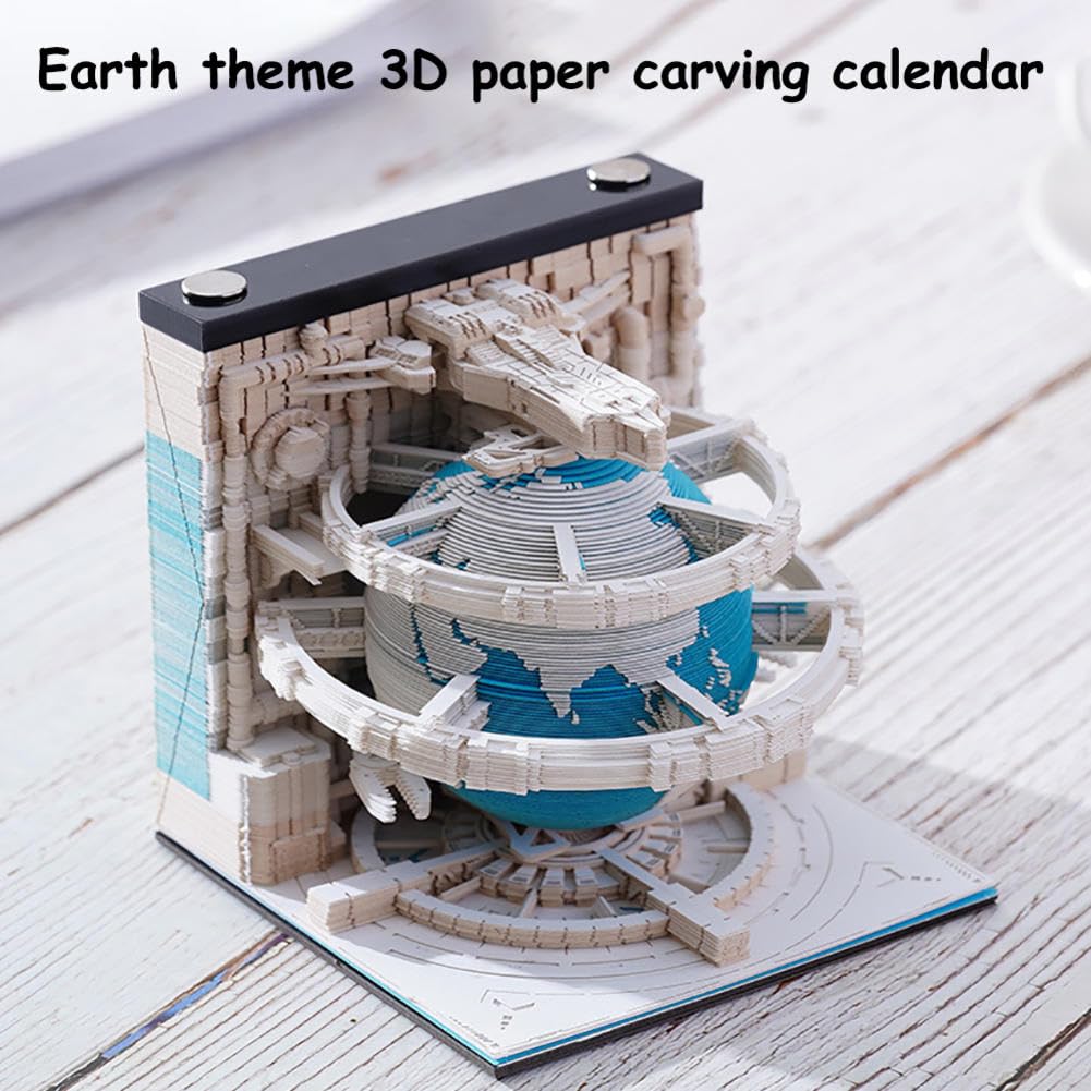 Abreißbarer 3D-Papierkunst-Notizblock-Tischkalende 3D-Kalender, Abreißkalender 2025, 3D-Papierschnitzkalender mit Erdthema, Kunstwerk-Ornamente, (Blu)