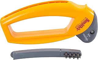 Smith’s 50582 Axe & Machete Sharpener - Axe, Machete, Hatchet, & Mower Tools - Large Handle w/ Finger Guard - Handheld Manual - Replaceable Carbide Blades - Wire-Bristled Cleaning Brush - Durable