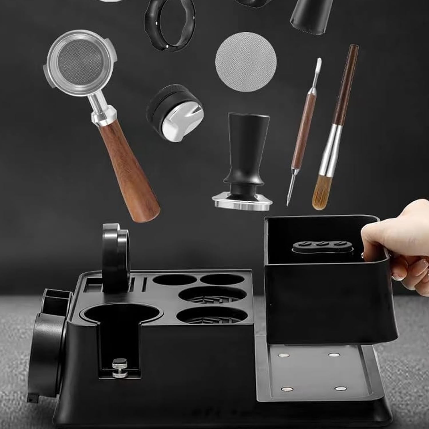 Coffee Organizer Box Tamper Holder | 12 in 1 Tamping Station for 51 / 53 / 58mm | Multifunctional Storage / Knock Box / Home Barista | ABS Compact Design