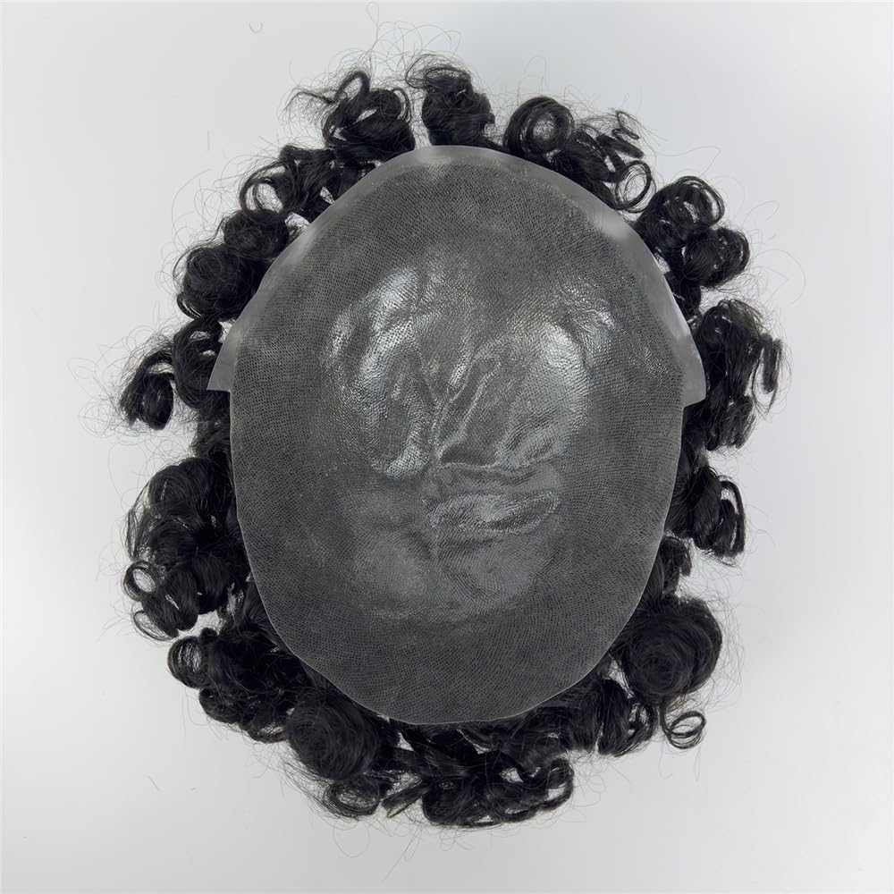 Men's Toupee Protesi capillare maschile con base in pelle PU, for uomo, con capelli veri ricci da 12 mm, con iniezione di capelli umani