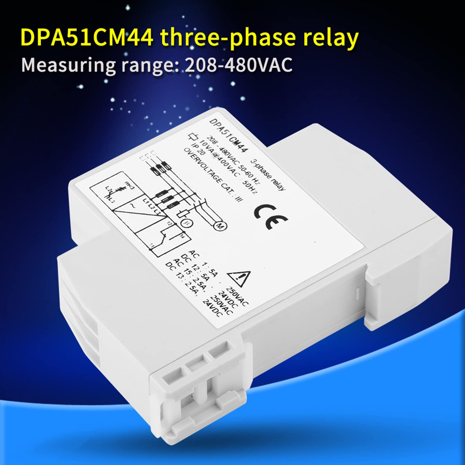 3 Phase Monitoring Relay, DPA51CM44 Relay Current Voltage Sequence Protector, 208 to 480VAC with Indicator for Motor