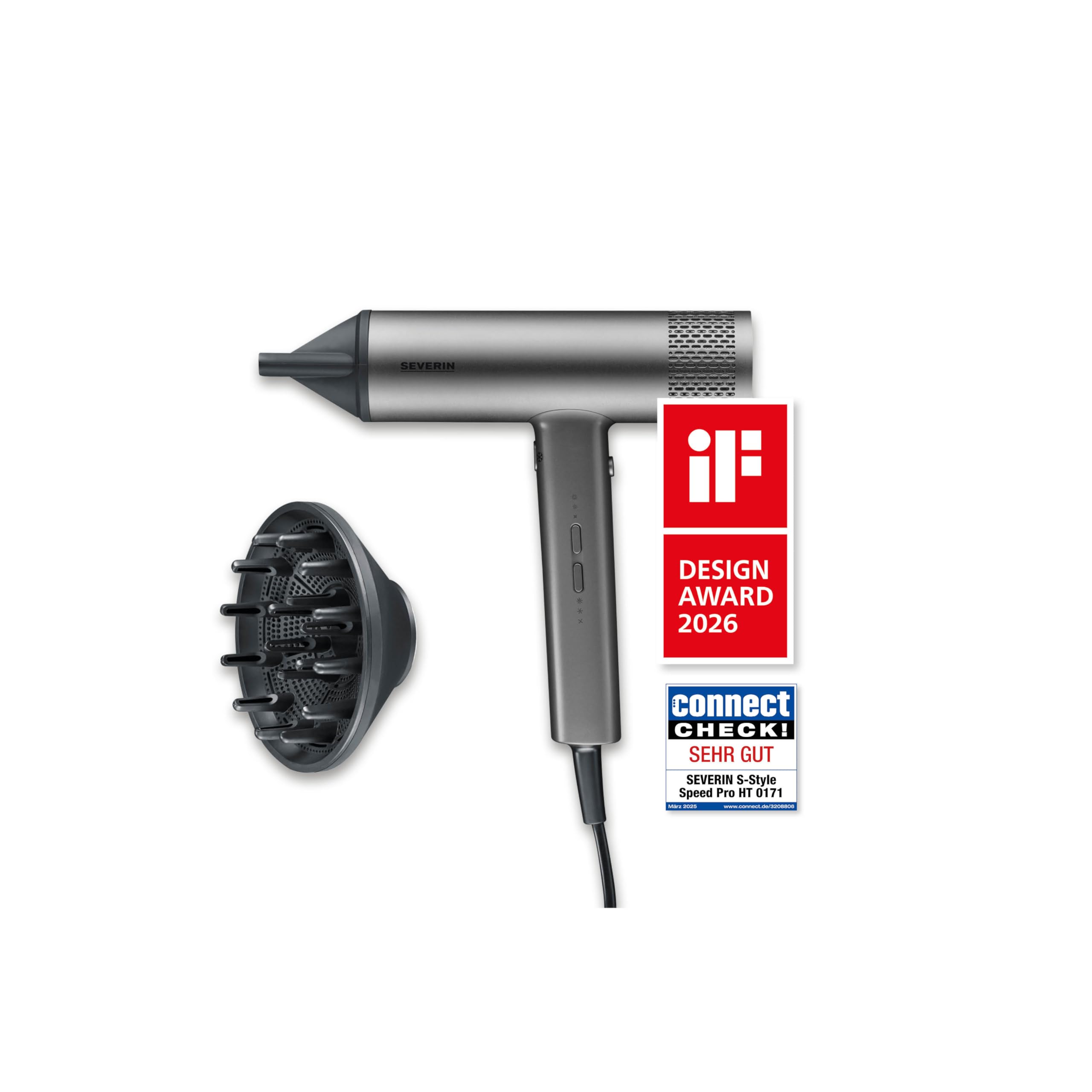 SEVERIN Ionen Haartrockner - inkl. Diffusor und Konzentrator; BLDC-Motor, 2.000 W, anthrazit