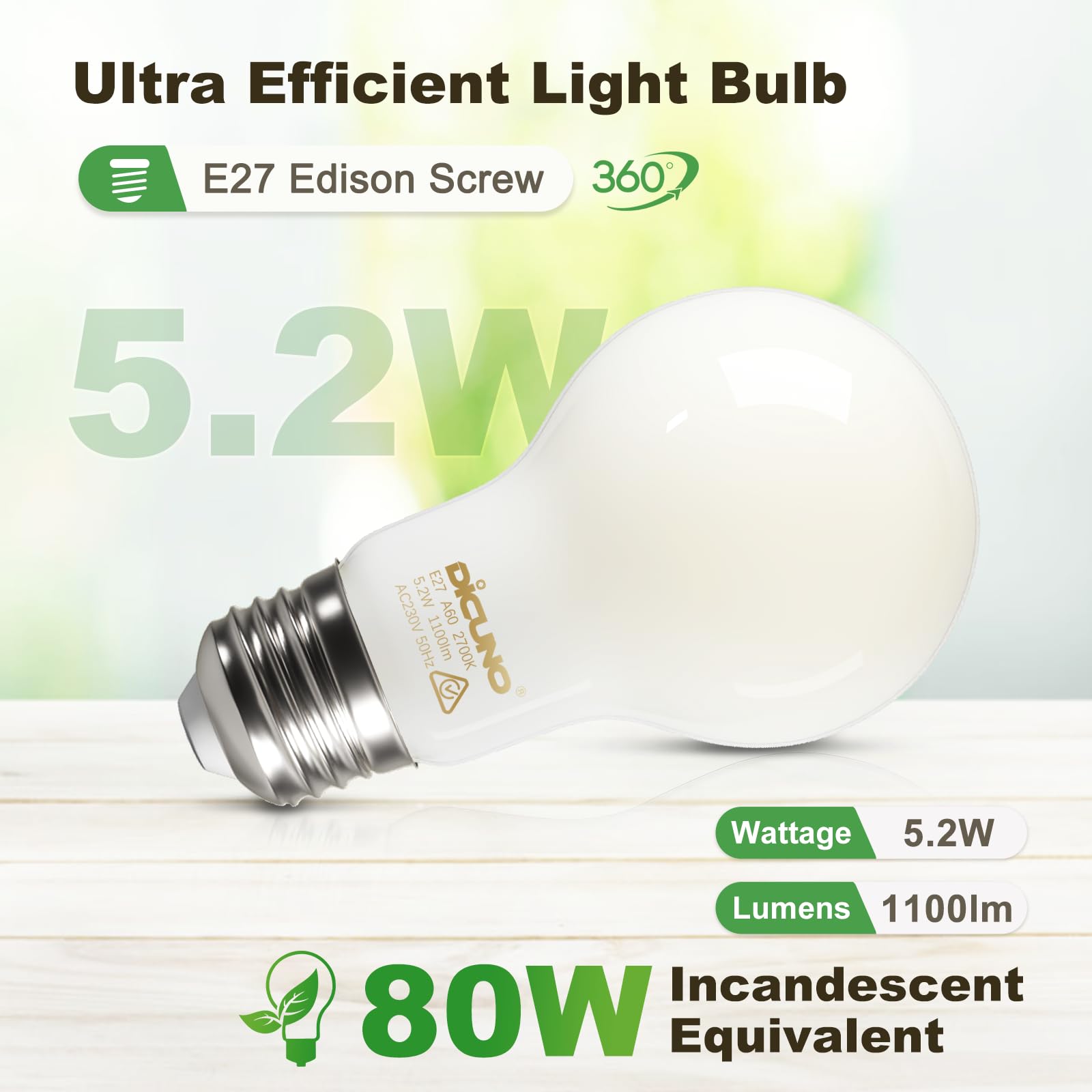 DiCUNO E27 Edison Screw Light Bulb, 5.2W (80W Equivalent), Glass Filament Bulb A60, Energy Efficient A Class LED, 2700K - Image 3