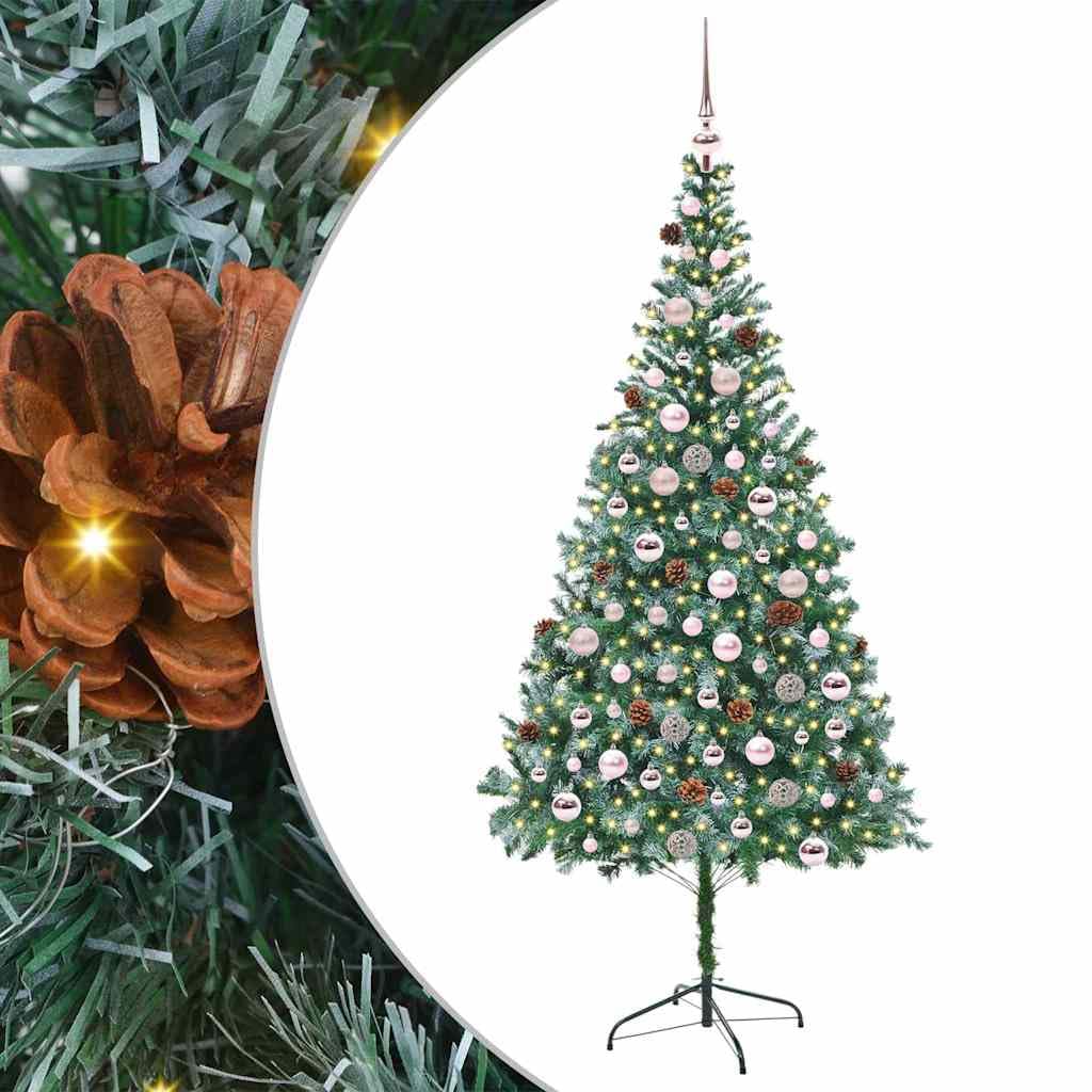 Sztuczna choinka zielona, 210 cm, PCW i stal, z 300 diodami LED o ciepłej białej barwie, 8 trybów, do użytku wewnątrz i na zewnątrz, łącznie z kulkami i koronką, świąteczna dekoracja