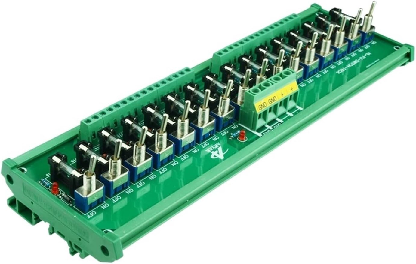Top-down view of the SIBBLE 16-Position DIN Rail Mount Power Distribution Fuse Module showing input and output terminals.