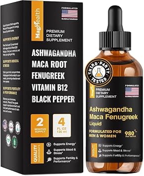 Maca Root Liquid Drops with Ashwagandha and Fenugreek Organic Adaptogen Blend for Women & Men Natural Energy, Mood & Hormone Support 60 Day Supply Vegan, Non-GMO