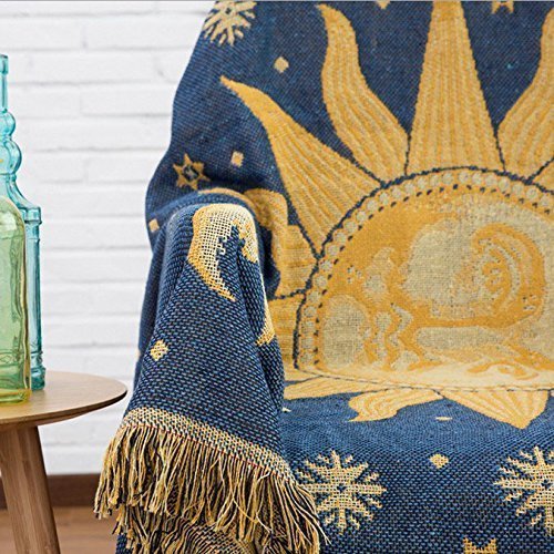 Unigarden Moon And Sun Throw Blanket Multi-Function Double Sided Cotton Woven Couch Throws Tassels Blue Yellow 51"X71" #TOP4