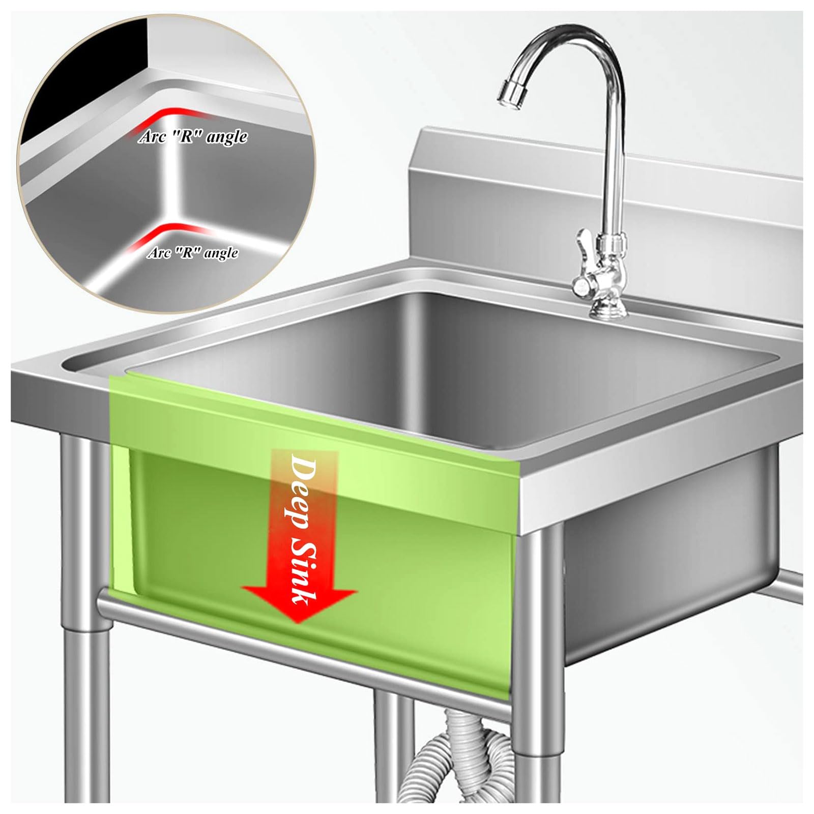 Lavello di Servizio in Acciaio Inox autoportante a Vasca Singola per Uso Commerciale, ristoranti e cucine, con Tubo dell'Acqua Fredda e Vasca per Lavanderia, per Interni ed Esterni