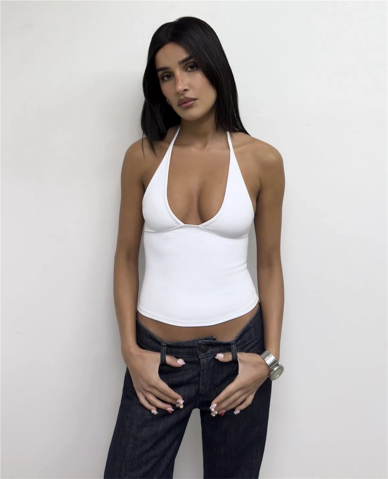 Top Halter Mujer Top sin Espalda Camiseta Mangas Copa Triangular Halter Cuello en V Crop Mismo Estilo Tiras Corte bajo