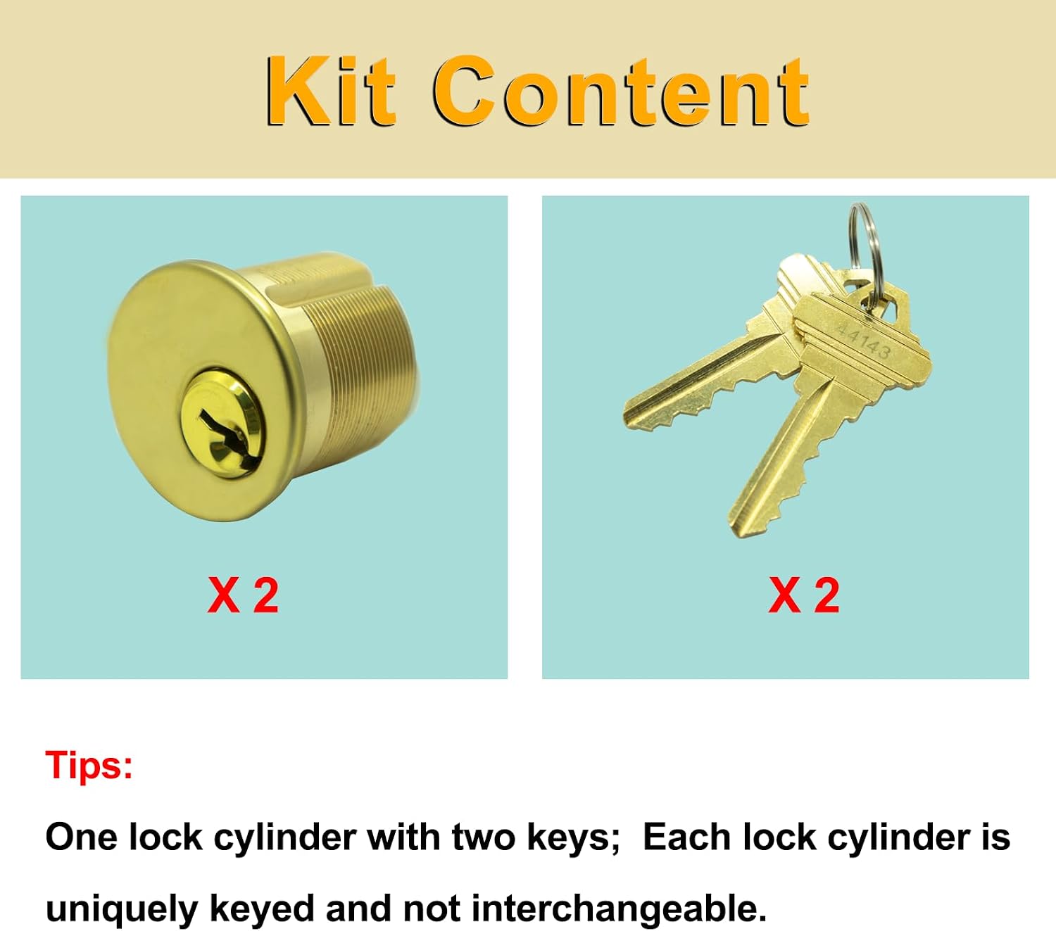 2 Pack Brass Mortise Door Cylinder Lock, 1 1/8" Inch Length Keyed Standard | SC1 Keyway, Door Replacement Lock Cylinder with 2 keyed different keys Suitable for Home and Commercial Use (Golden).