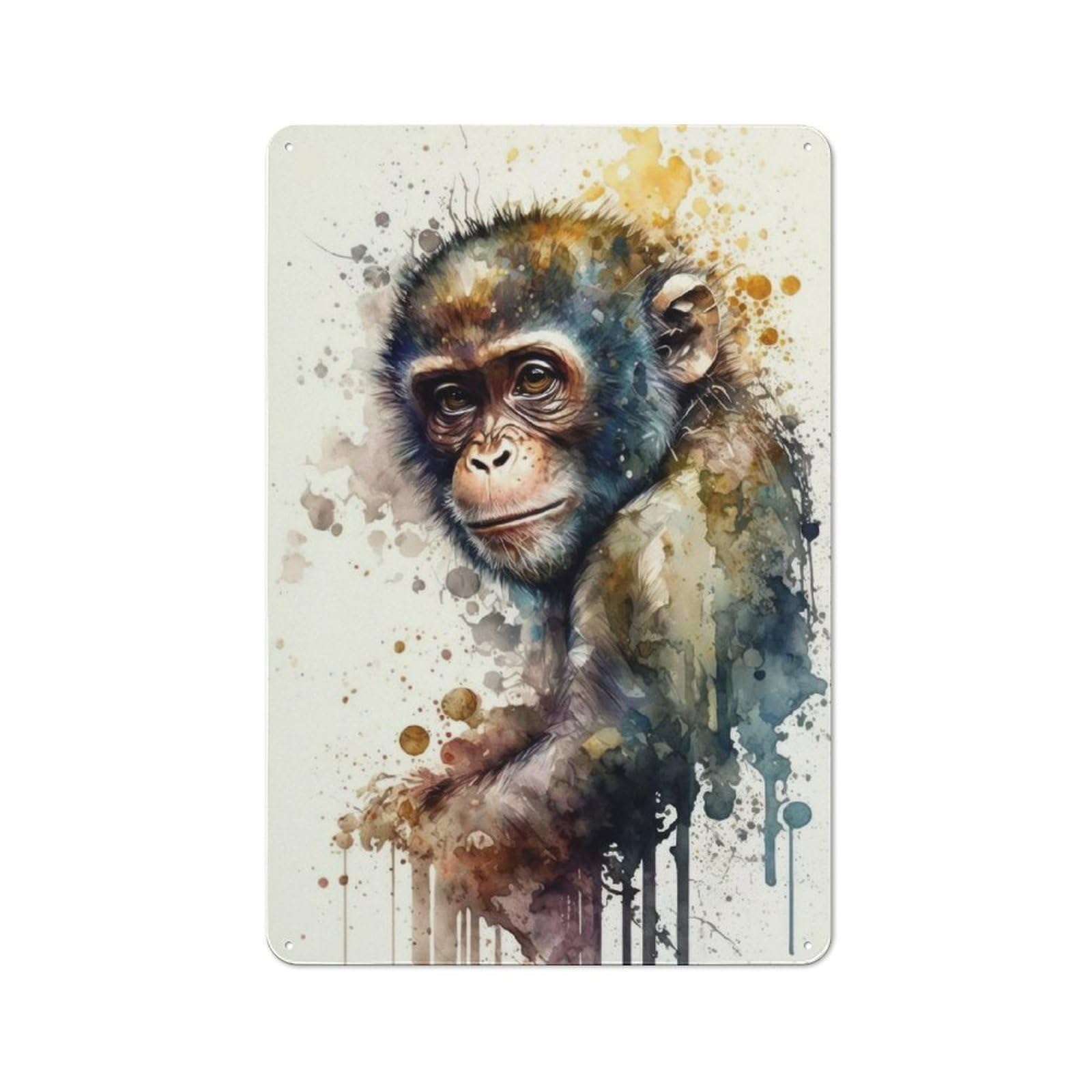 Monkey Watercolor Industrial Metal Sign 30x20cm, Modern Retro Loft Wall Plaque for Workspace, Cafe, Hallway Or Garage